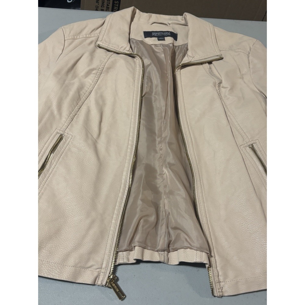 KENNETH COLE Reaction Women's L Ivory Faux Leather Jacket W/gold Zipper